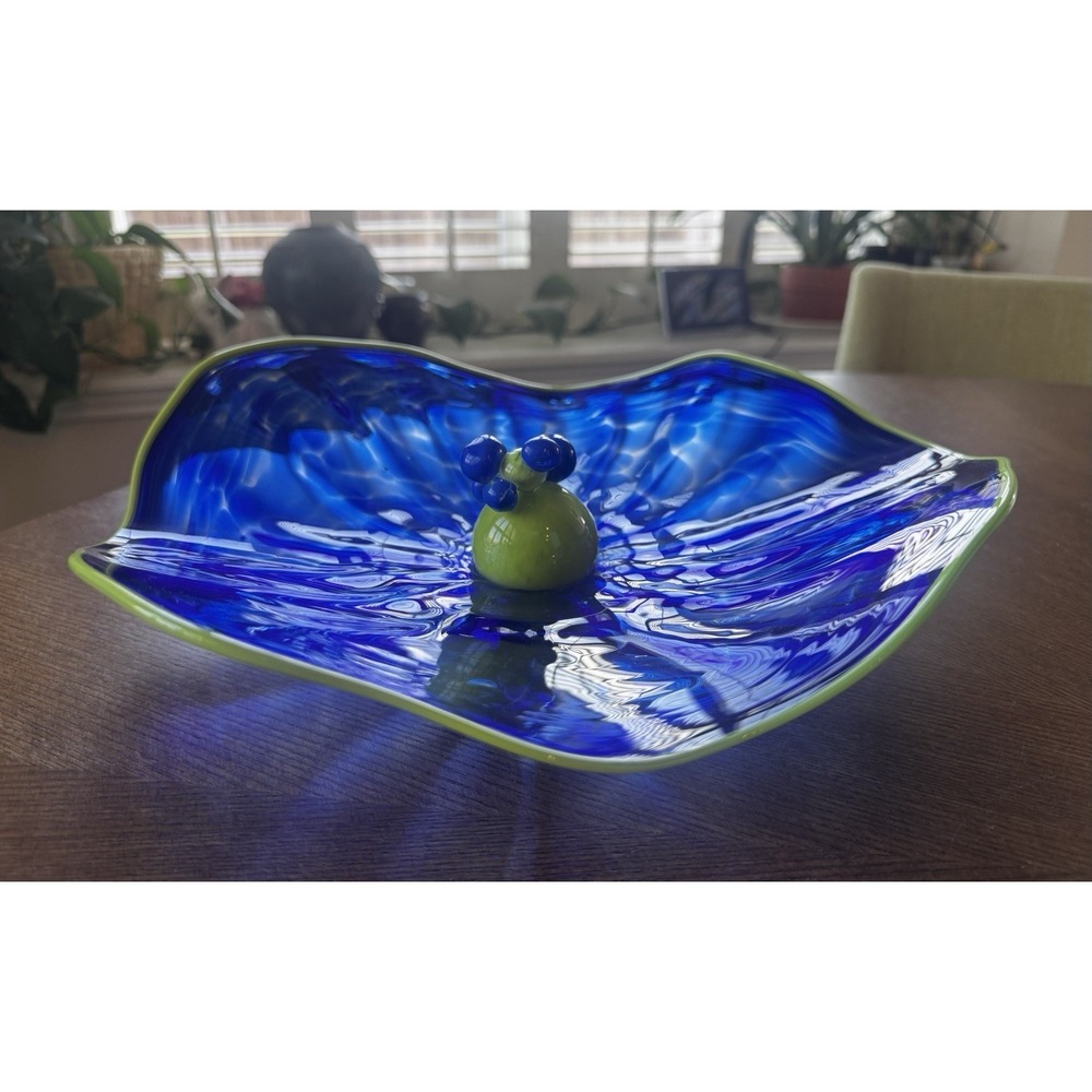 Hand Blown Art Glass Bowl Blue w Green Rim Prunt Center 12" Modern - Picture 3 of 10